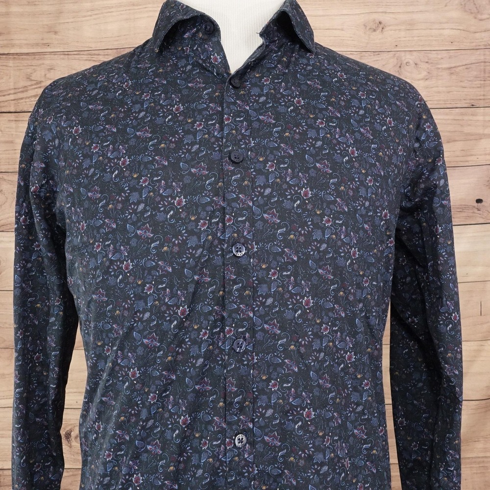 BRAX Shirt Mens XL Blue Paisley Long Sleeve Button-Up Hi-Flex Easy Care Stretch